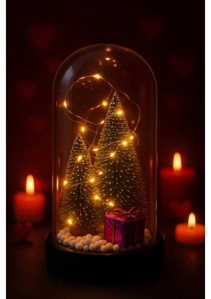 Yılbaşı Çam Ağaçlı Fanus Işıklı Yeni Yıl Kar ve Ağaç Temalı Hediyelik Fanus 2 Ağaçlı modelleri