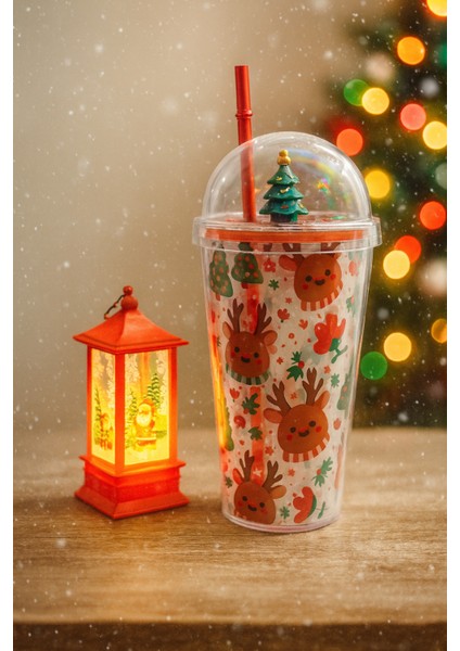 Yılbaşı Temalı Hediye Seti LED Işıklı Yılbaşı Feneri & Noel Konseptli Pipetli Bardak Hediyelik Set