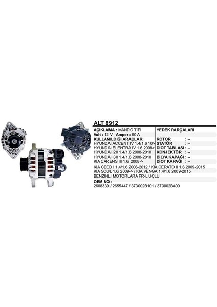 Alternatör Mando 12V.90A Hyundaı I20/I30/ACCENT Iv 1,4 2011>