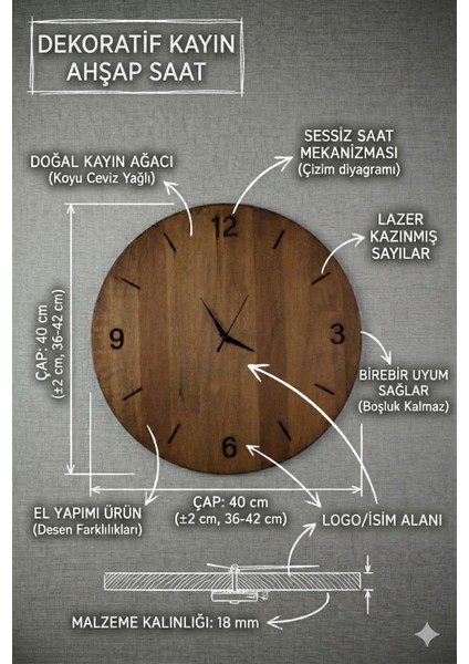 Doğal Masif Ahşap Duvar Saati | Modern Minimalist Tasarım | Sessiz Mekanizma fırsatları