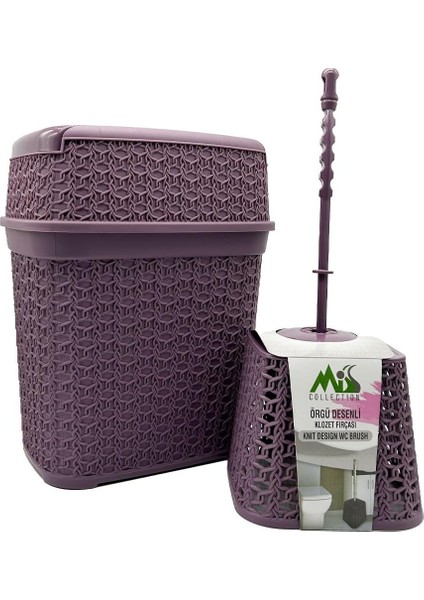 Mark Hasır Desenli Çöp Kovası ve Klozet Fırçası Seti, Mürdüm