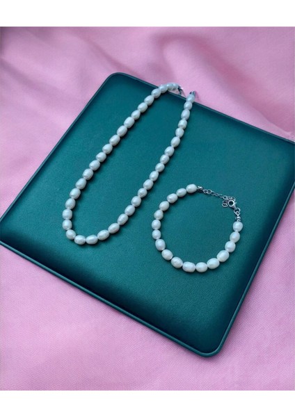 Sertifikalı 925 Ayar Gümüş Doğal Büyük Arpa Inci Kolye Bileklik Set