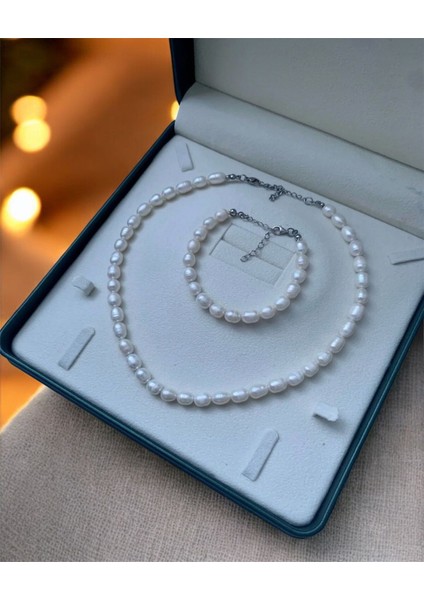 Sertifikalı 925 Ayar Gümüş Doğal Büyük Arpa Inci Kolye Bileklik Set modelleri