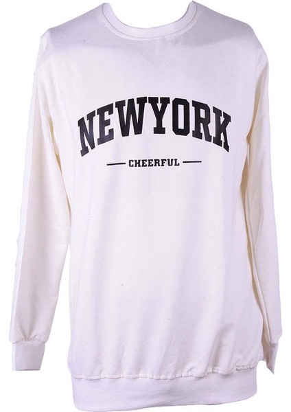 New York Baskı Ekru Erkek Sweatshirt 43236