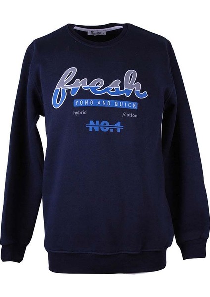 26KL71G08007 0 Yaka 3 Ip Indigo Erkek Sweatshirt Fresh Baskı