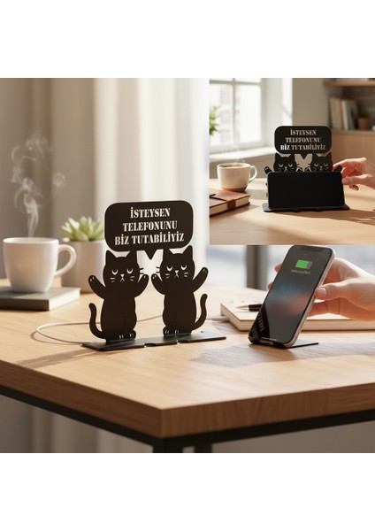 Metal Siyah Kedili Komik Tasarım Telefon Standı