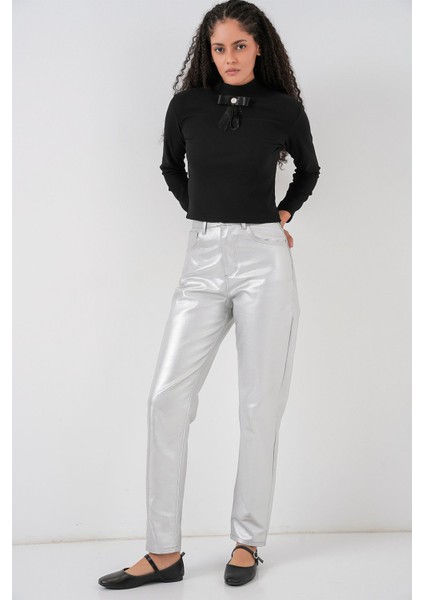 Kadın Bdart Yüksek Bel Düz Paça Kot Pantolon Gümüş Gri