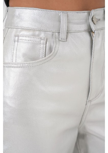 Kadın Bdart Yüksek Bel Düz Paça Kot Pantolon Gümüş Gri