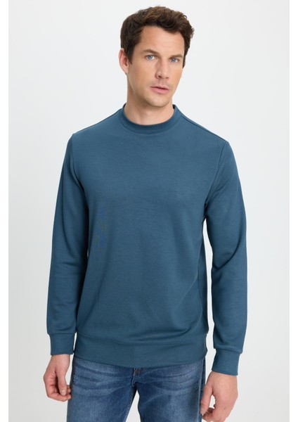 Erkek Relax Fit Rahat Kesim Uzun Kollu Bisiklet Yaka Koyu Petrol Sweatshirt indirimleri