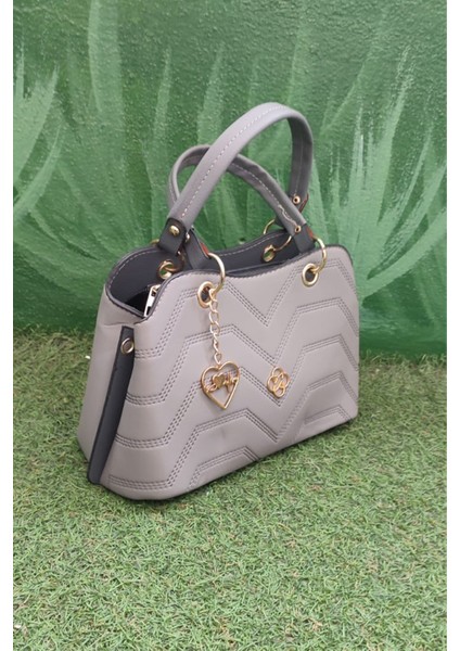 Zigzag Desenli Koyu Gri Kadın El ve Omuz Çantası - Zarif Günlük Model modelleri