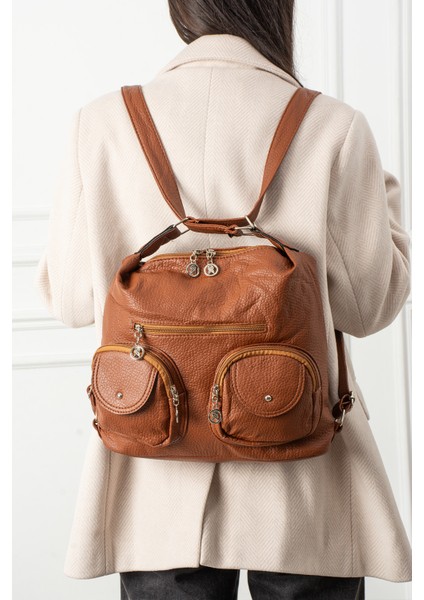 Kadın Çok Bölmeli Cepli Sırt ve Omuz Çantası