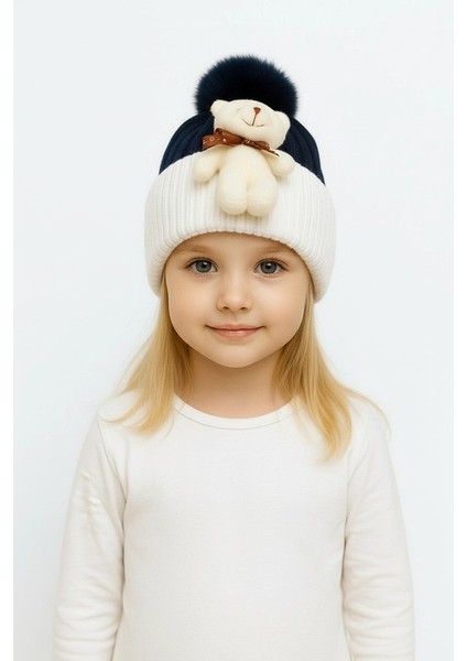 Ponponlu Ayıcıklı Çift Renk Unisex Çocuk Bere