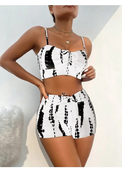 Kadın Büzgü Detay Askılı Crop Mini Tayt Ikili Takım modelleri