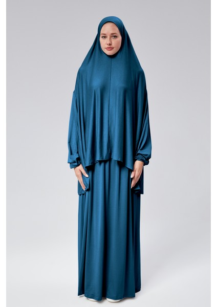 Kadın Iki Parça Namaz Elbisesi Başörtülü Organik Pamuklu Lastikli Kolu Kaymaz Etek Penye Tesettür