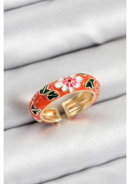 Pirinç Turuncu Mineli Çiçek Motifli Renk Ayarlanabilir Kadın Yüzük