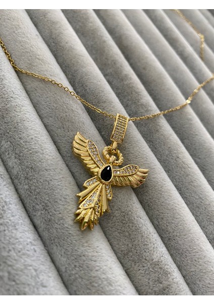 Çelik Kanatlı Model Siyah Taşlı Kolye Kutulu Paketleme modelleri