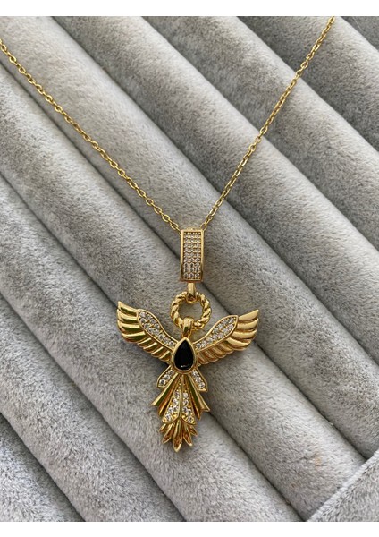 Çelik Kanatlı Model Siyah Taşlı Kolye Kutulu Paketleme fırsatları