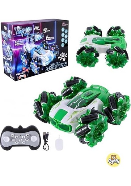 4x4 Buhar Atan Şarjlı Full Fonksiyon Uzaktan Kumandalı Akrobat Araba Duman Atar Dahili Typc-E Şarj (Yeşil)