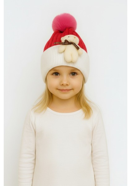 Ponponlu Ayıcıklı Çift Renk Unisex Çocuk Bere