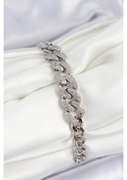 Pirinç Zirkon Taşlı Küba Zincir Gümüş Renk Kadın Bileklik