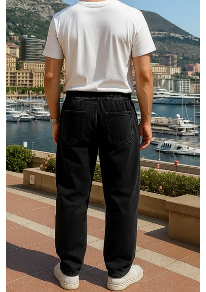 Erkek Beli Lastikli Premium Siyah Baggy Pantolon