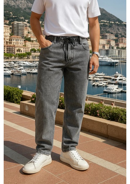 Erkek Beli Lastikli Premium Gri Baggy Pantolon