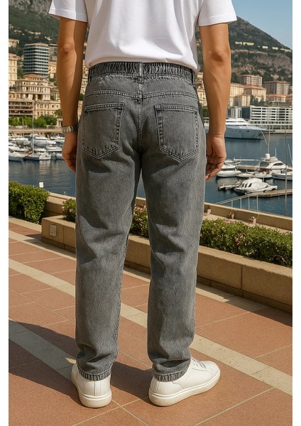 Erkek Beli Lastikli Premium Gri Baggy Pantolon