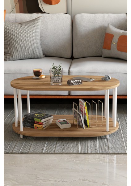 Modern Oval Orta Sehpa Çift Katlı Metal Ayaklı Salon, Ofis, Dekoratif Sehpa, Beyaz Demir fiyatları