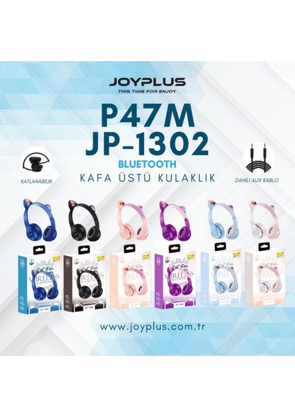 JP-1302 P47M Katlanabilir Kedi Kulaklı Işıklı Kablosuz Kulak Üstü Kulaklık fırsatları