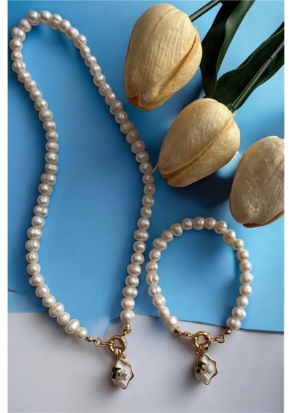 Sertifikalı Gerçek Doğal Inci Kolye Bileklik Set 7-8 mm 45 cm - Altın Kaplama Gemici Kilit