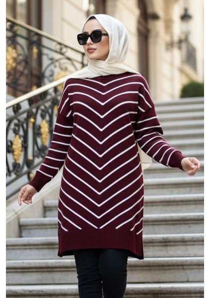 Çizgili Koyu Bordo Tesettür Triko Kazak 81861KBR