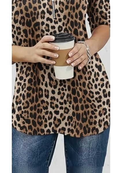 Kadın Uzun Kollu Hakim Yaka Yakadan Fermuarlı Geometrik Desenli Süprem Bluz modelleri