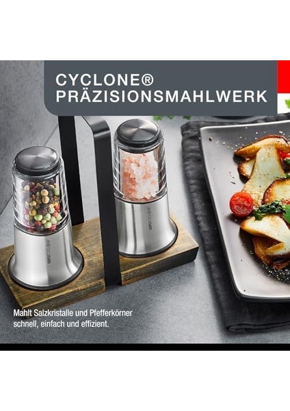 Gefu X-Plosıon Tuz ve Karabiber Değirmeni Seti, 2&apos;li Set, Seramik Öğütücülü Değirmenler, Ahşap Altlık, Siyah/gümüş