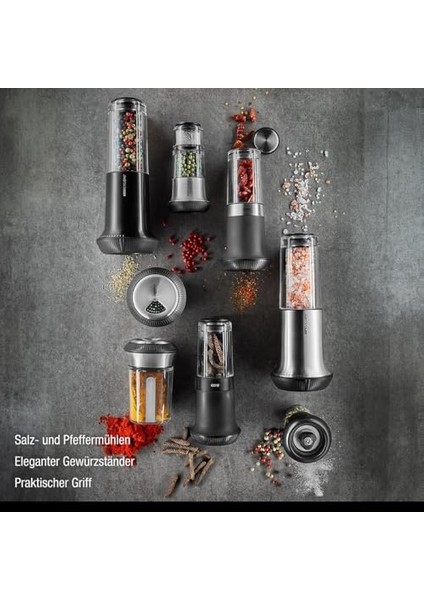 Gefu X-Plosıon Tuz ve Karabiber Değirmeni Seti, 2&apos;li Set, Seramik Öğütücülü Değirmenler, Ahşap Altlık, Siyah/gümüş modelleri