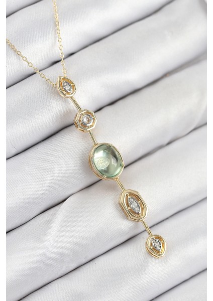 Pirinç Zincir Yeşil Renk Zirkon Taşlı Y Kolye