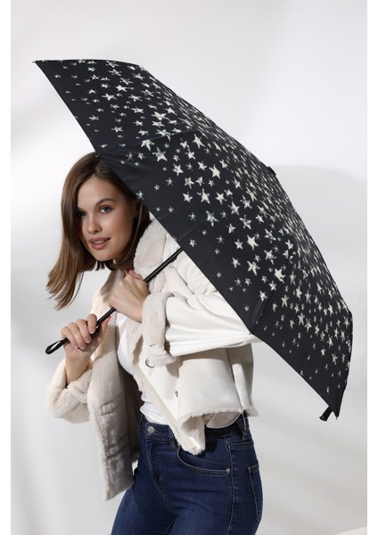 Yıldız Desenli Siyah Otomatik Tam Fonksiyonlu Fiber Tel Şemsiye