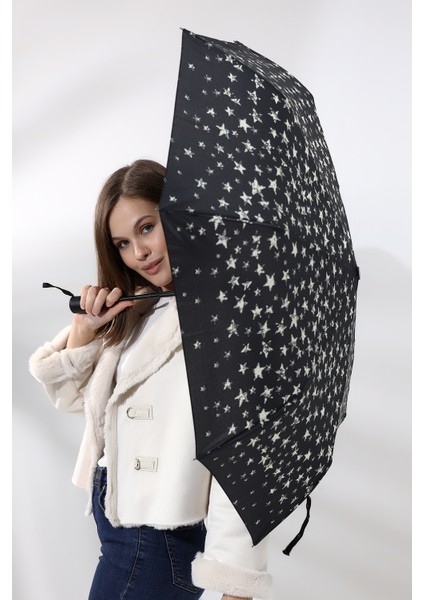 Yıldız Desenli Siyah Otomatik Tam Fonksiyonlu Fiber Tel Şemsiye fiyatları