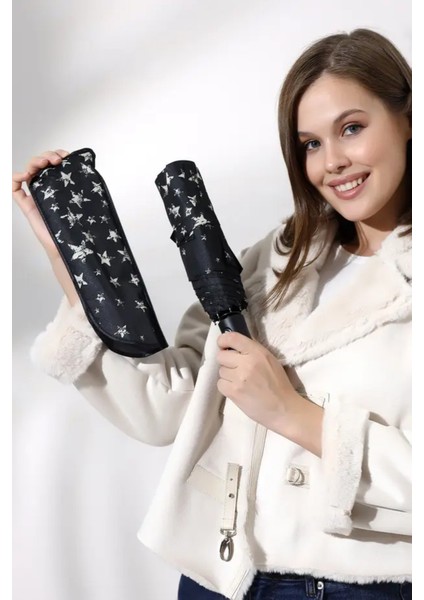 Yıldız Desenli Siyah Otomatik Tam Fonksiyonlu Fiber Tel Şemsiye modelleri