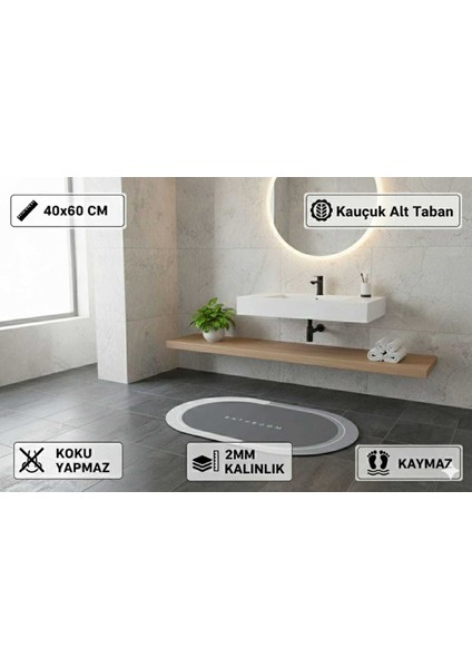 Kaymaz Tabanlı Oval Süper Emici Banyo Paspası Gri - 40X60 cm