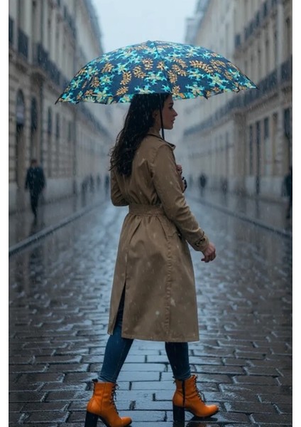 Şık Kadın Çok Renkli Fiber Tel Desenli Tam Fonksiyonlu Şemsiye