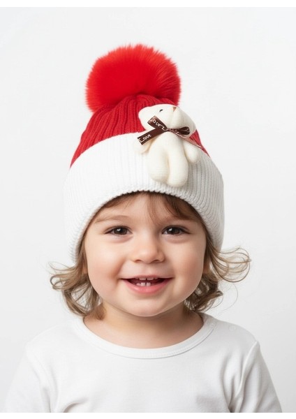 Ponponlu Ayıcıklı Çift Renk Unisex Çocuk Bere