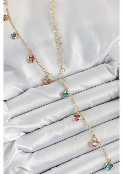 Pirinç Asorti Kalp Renk Zirkon Taşlı Y Kolye