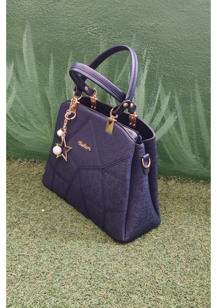 Lacivert Kadın El ve Omuz Çantası – Yıldız ve Inci Aksesuar Detaylı, Geometrik Dikişli Şık Model fiyatları