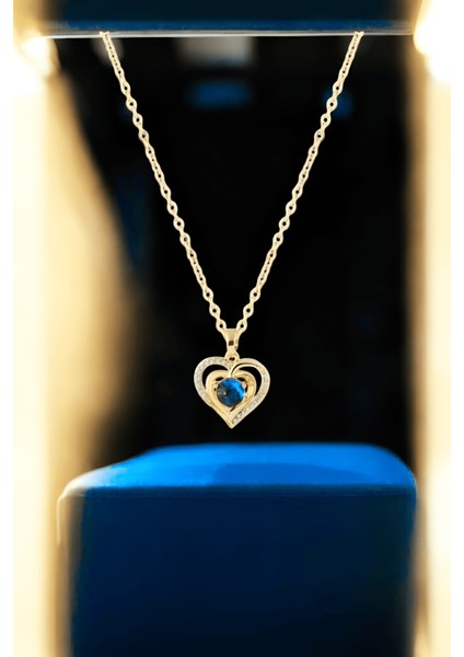 Parıltılı Mavi Renk Dünya Kolye ve Küpe (Altın Renk Kolye)