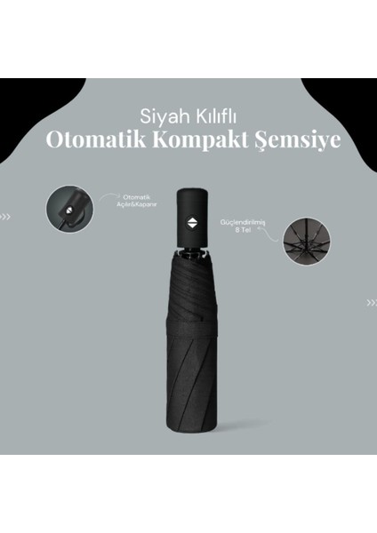 Siyah Kılıflı Otomatik Kompakt Şemsiye, Çok Renkli, Hafif ve Kullanışlı Tasarım