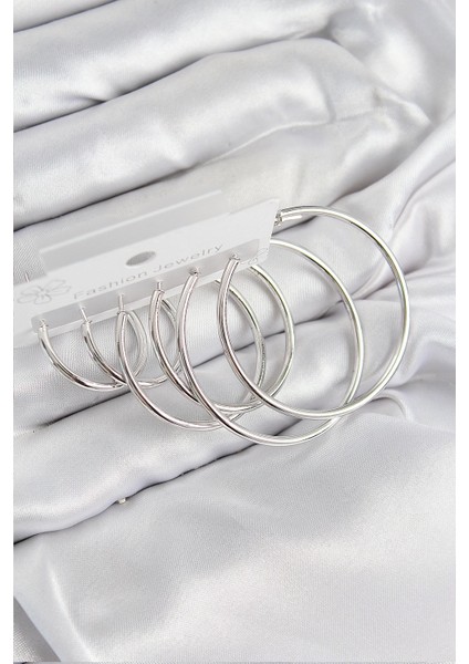 Pirinç Halka Gümüş Renk Kadın Set Küpe