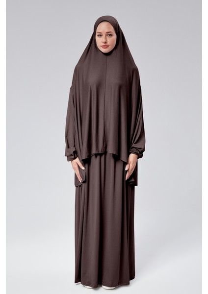 Kadın Iki Parça Namaz Elbisesi Başörtülü Organik Pamuklu Lastikli Kolu Kaymaz Etek Penye Tesettür