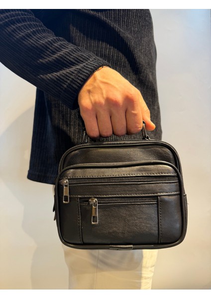 Erkek Hakiki Deri Yatay Siyah Küçük Boy El Çantası