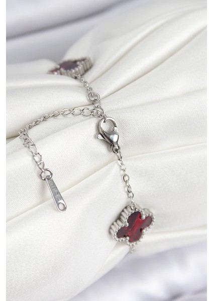 316L Çelik Sedefli Kırmızı Gümüş Renk Yonca Kadın Bileklik fiyatları