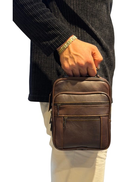 Erkek Hakiki Deri Dikey Kahverengi Orta Boy El Çantası
